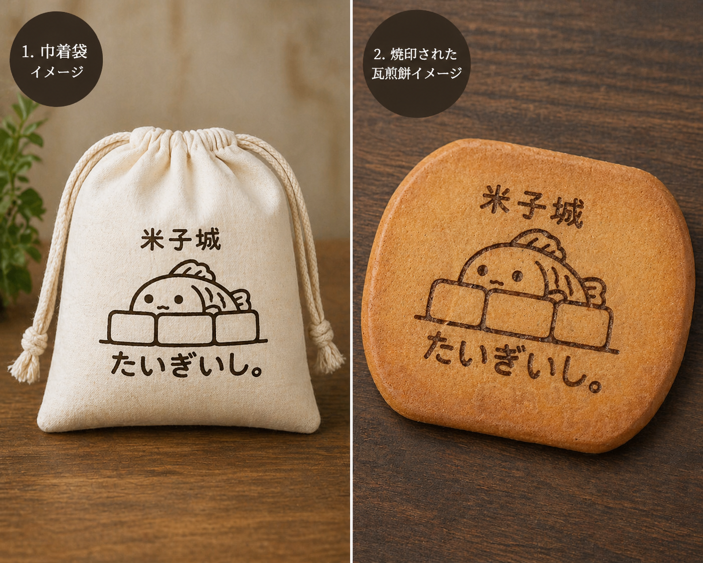 巾着袋と瓦煎餅イメージ